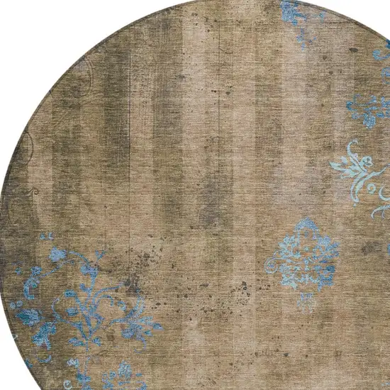 8' Taupe And Blue Round Floral Washable Indoor Outdoor Area Rug Photo 9