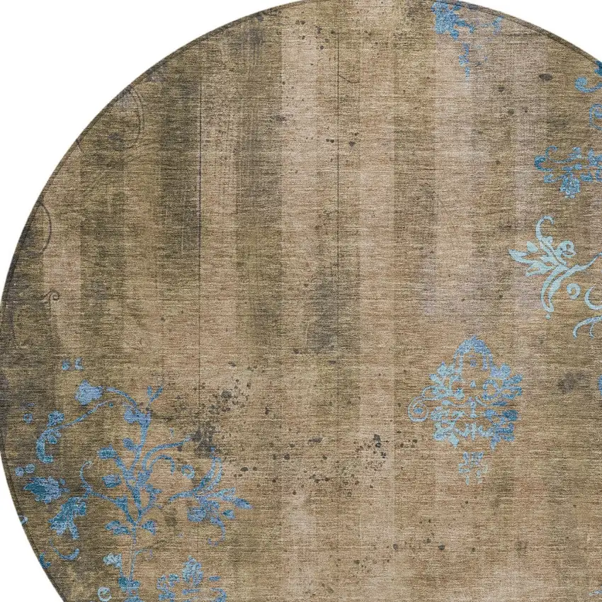 8' Taupe And Blue Round Floral Washable Indoor Outdoor Area Rug Photo 9