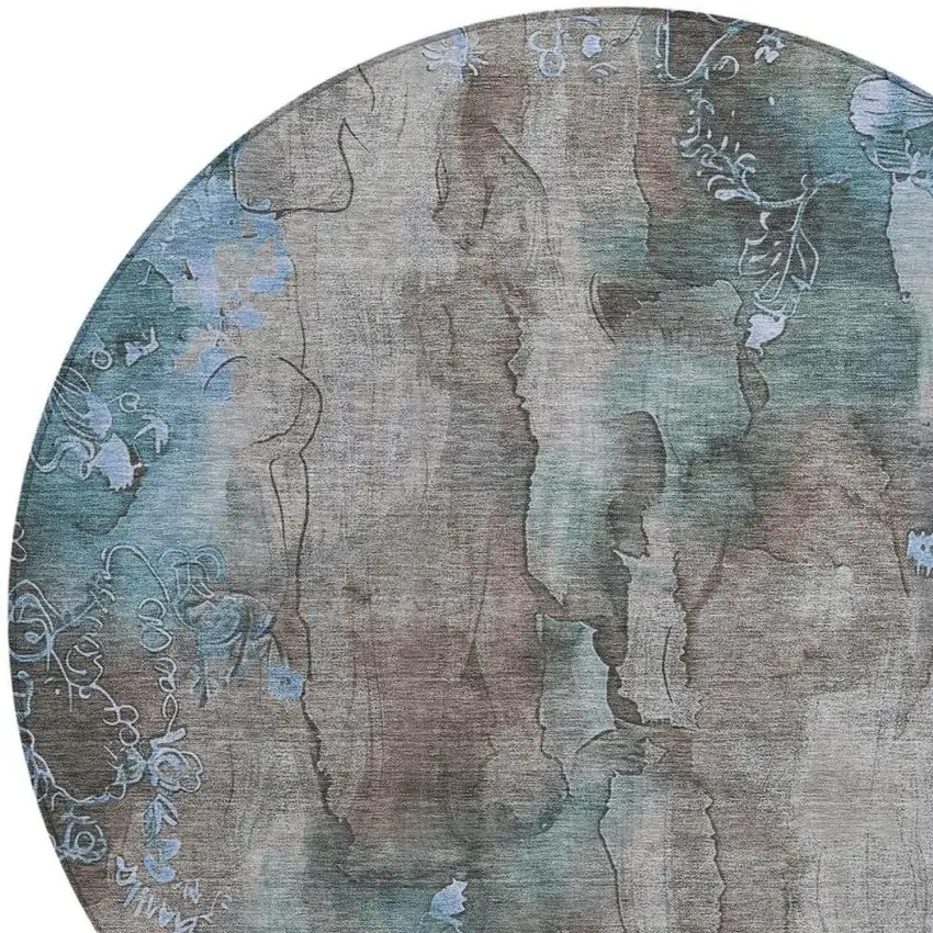 8' Taupe And Blue Round Floral Washable Indoor Outdoor Area Rug Photo 4