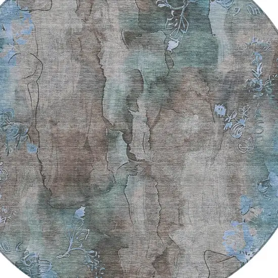 8' Taupe And Blue Round Floral Washable Indoor Outdoor Area Rug Photo 8