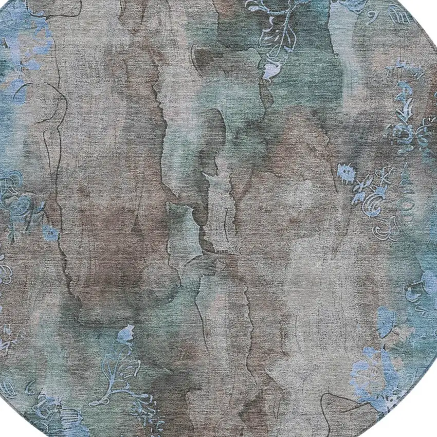 8' Taupe And Blue Round Floral Washable Indoor Outdoor Area Rug Photo 8