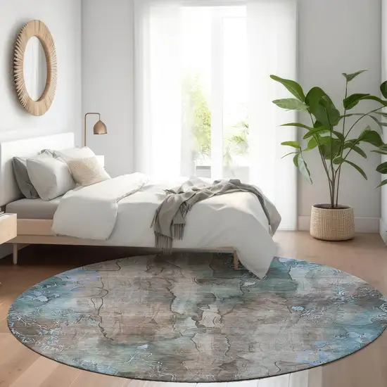 8' Taupe And Blue Round Floral Washable Indoor Outdoor Area Rug Photo 6