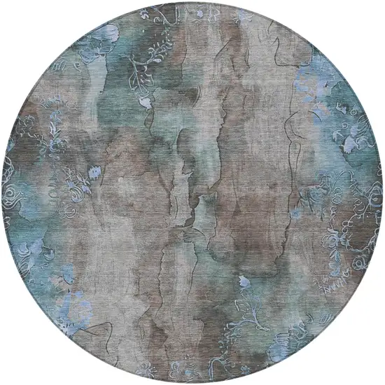 8' Taupe And Blue Round Floral Washable Indoor Outdoor Area Rug Photo 3