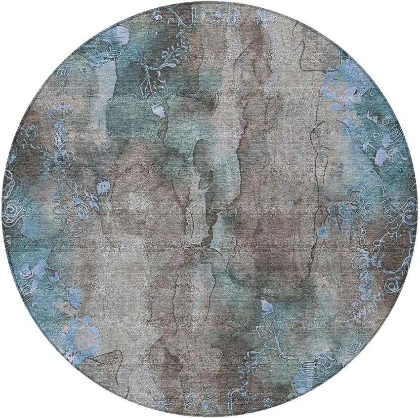 8' Taupe And Blue Round Floral Washable Indoor Outdoor Area Rug Photo 3