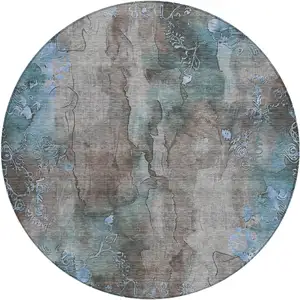 Photo of 8' Taupe And Blue Round Floral Washable Indoor Outdoor Area Rug