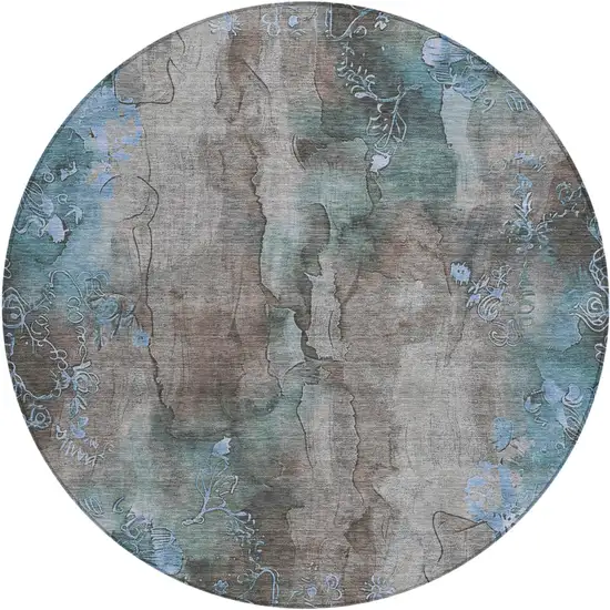8' Taupe And Blue Round Floral Washable Indoor Outdoor Area Rug Photo 1