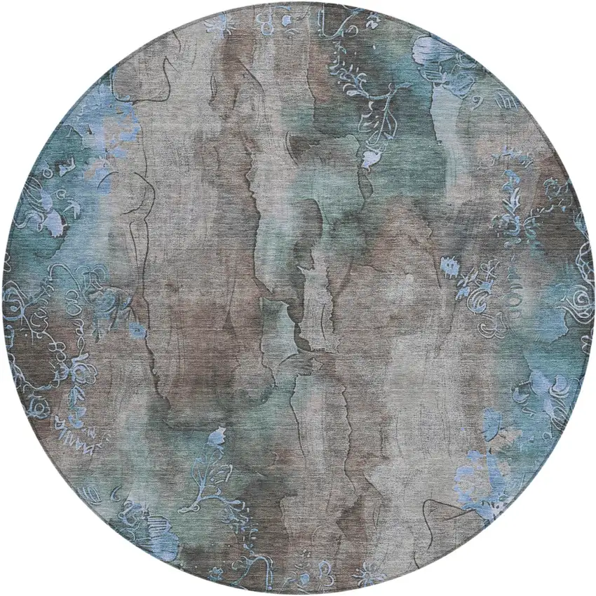 8' Taupe And Blue Round Floral Washable Indoor Outdoor Area Rug Photo 1
