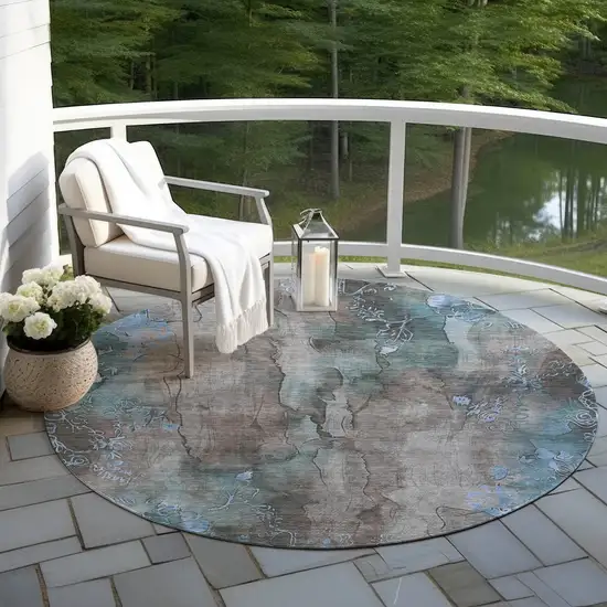 8' Taupe And Blue Round Floral Washable Indoor Outdoor Area Rug Photo 5