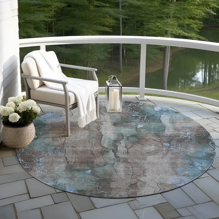 8' Taupe And Blue Round Floral Washable Indoor Outdoor Area Rug Photo 5
