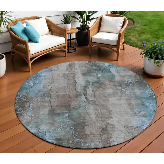 8' Taupe And Blue Round Floral Washable Indoor Outdoor Area Rug Photo 2