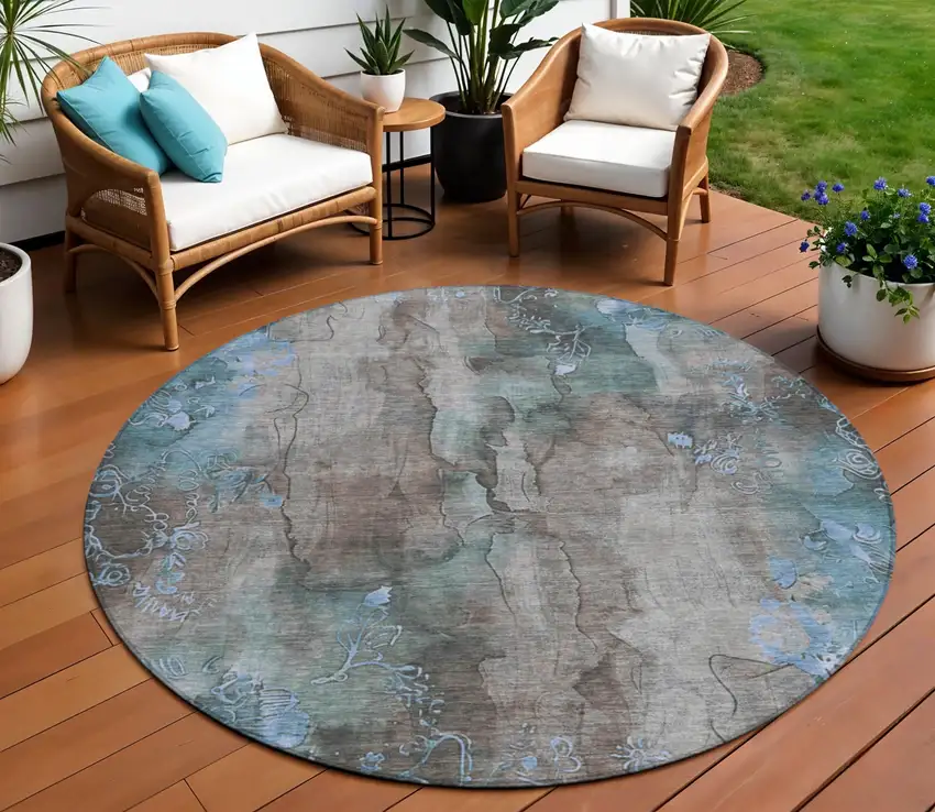 8' Taupe And Blue Round Floral Washable Indoor Outdoor Area Rug Photo 2