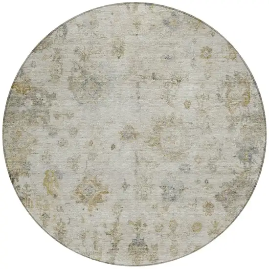 8' Taupe And Blue Round Floral Washable Indoor Outdoor Area Rug Photo 4