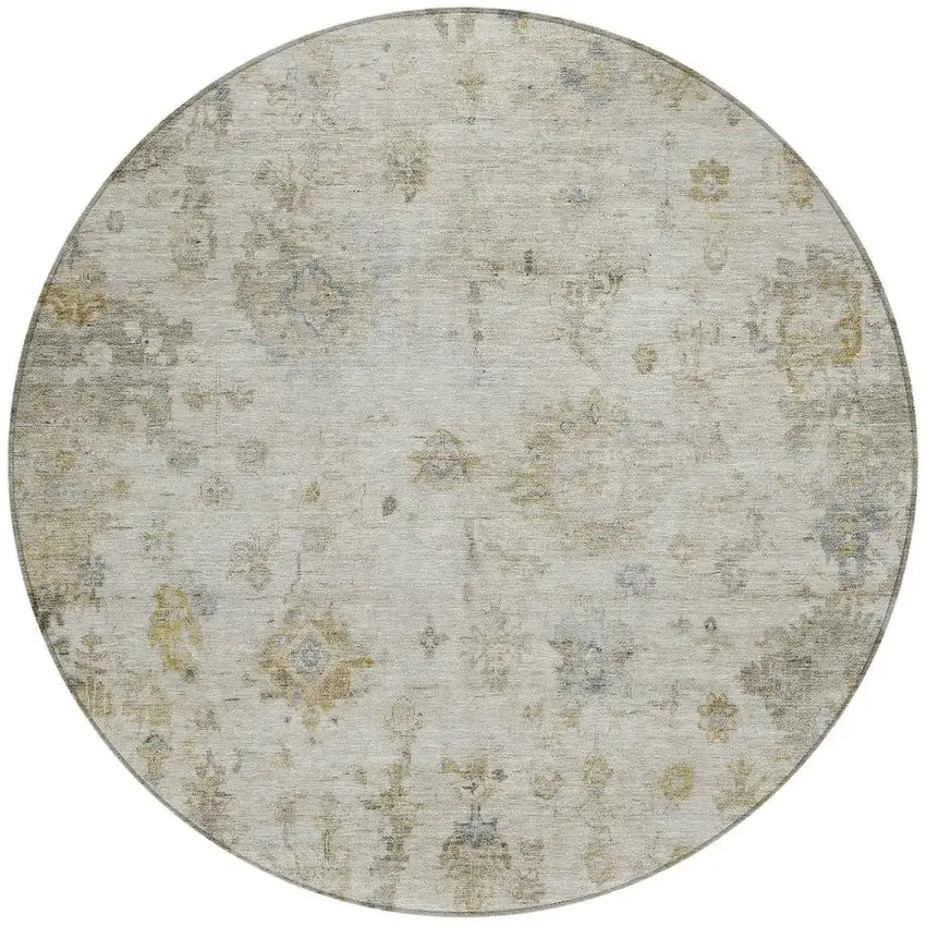 8' Taupe And Blue Round Floral Washable Indoor Outdoor Area Rug Photo 4