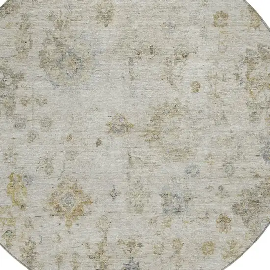 8' Taupe And Blue Round Floral Washable Indoor Outdoor Area Rug Photo 7