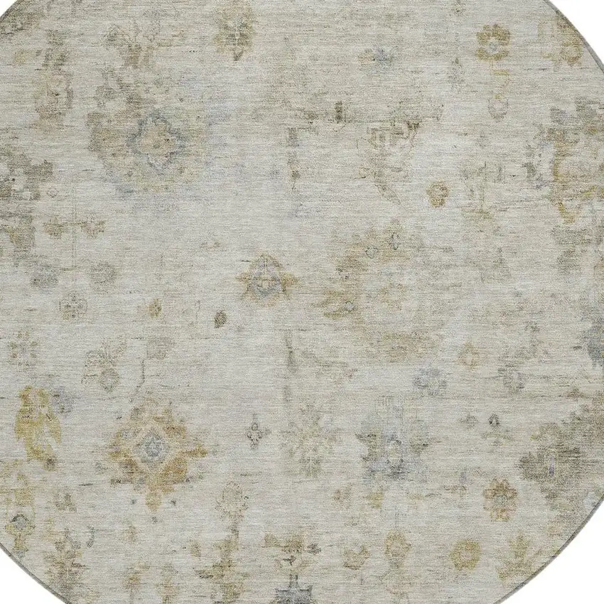 8' Taupe And Blue Round Floral Washable Indoor Outdoor Area Rug Photo 7