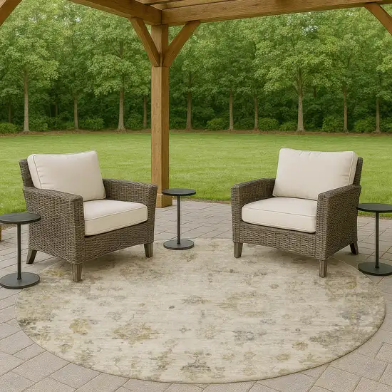 8' Taupe And Blue Round Floral Washable Indoor Outdoor Area Rug Photo 8