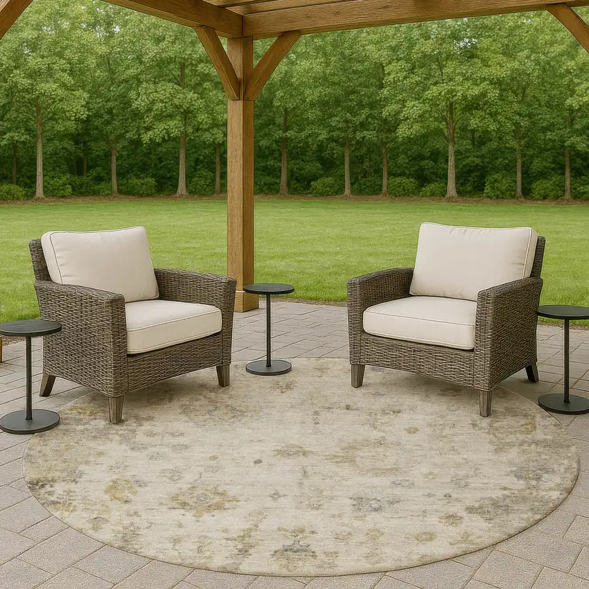 8' Taupe And Blue Round Floral Washable Indoor Outdoor Area Rug Photo 8