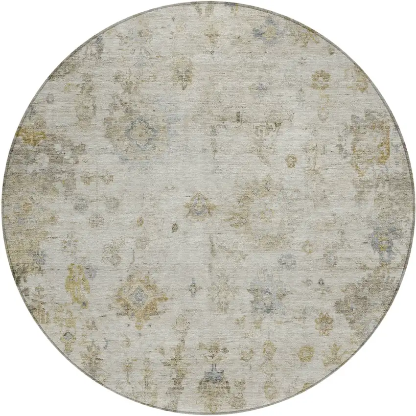 8' Taupe And Blue Round Floral Washable Indoor Outdoor Area Rug Photo 2