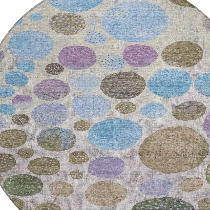 8' Taupe And Blue Round Geometric Washable Indoor Outdoor Area Rug Photo 8