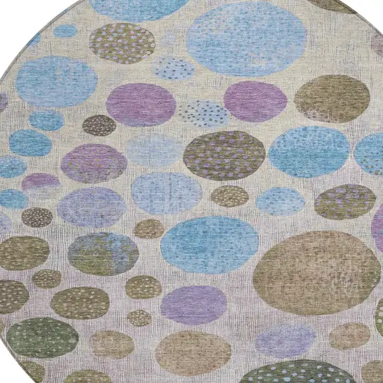 8' Taupe And Blue Round Geometric Washable Indoor Outdoor Area Rug Photo 8