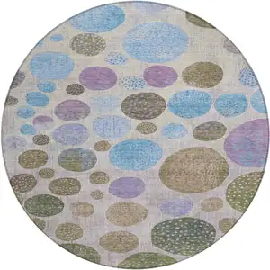 Photo of 8' Taupe And Blue Round Geometric Washable Indoor Outdoor Area Rug
