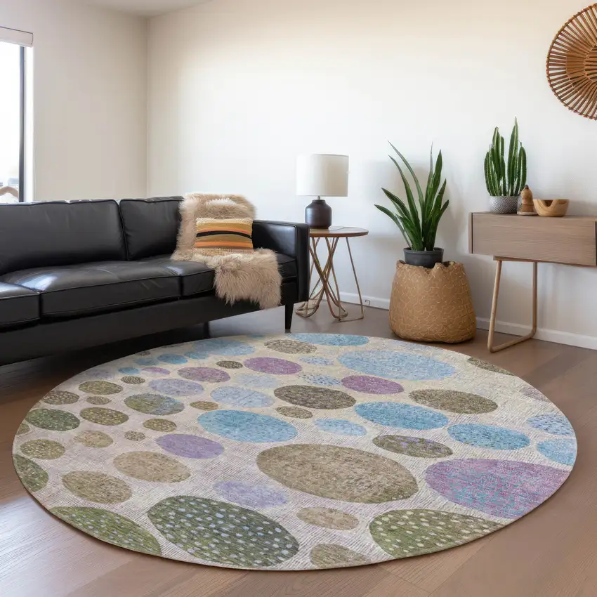 8' Taupe And Blue Round Geometric Washable Indoor Outdoor Area Rug Photo 7