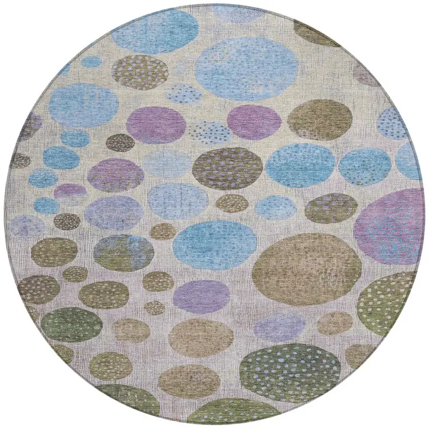 8' Taupe And Blue Round Geometric Washable Indoor Outdoor Area Rug Photo 3