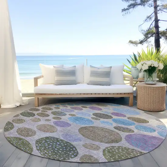 8' Taupe And Blue Round Geometric Washable Indoor Outdoor Area Rug Photo 6