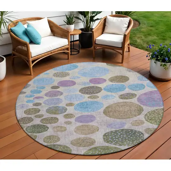 8' Taupe And Blue Round Geometric Washable Indoor Outdoor Area Rug Photo 2