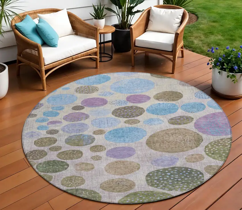8' Taupe And Blue Round Geometric Washable Indoor Outdoor Area Rug Photo 2