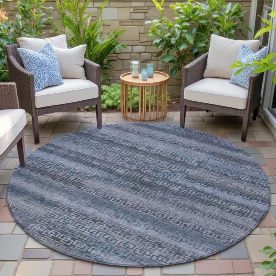 8' Taupe And Blue Round Striped Washable Indoor Outdoor Area Rug Photo 6