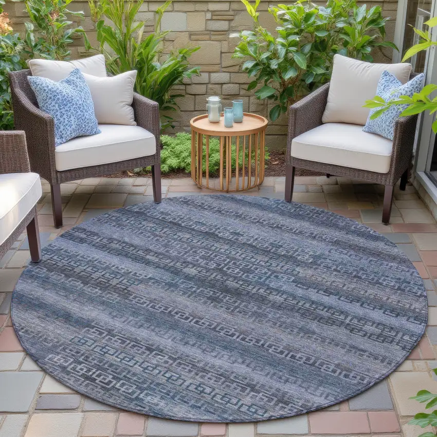 8' Taupe And Blue Round Striped Washable Indoor Outdoor Area Rug Photo 6