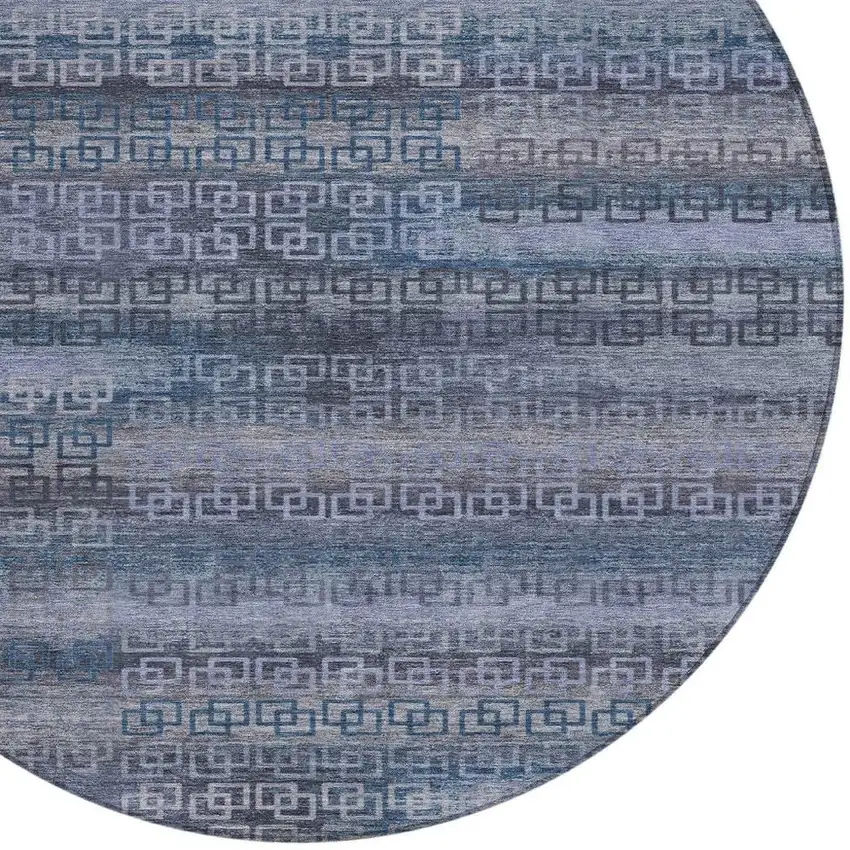 8' Taupe And Blue Round Striped Washable Indoor Outdoor Area Rug Photo 8