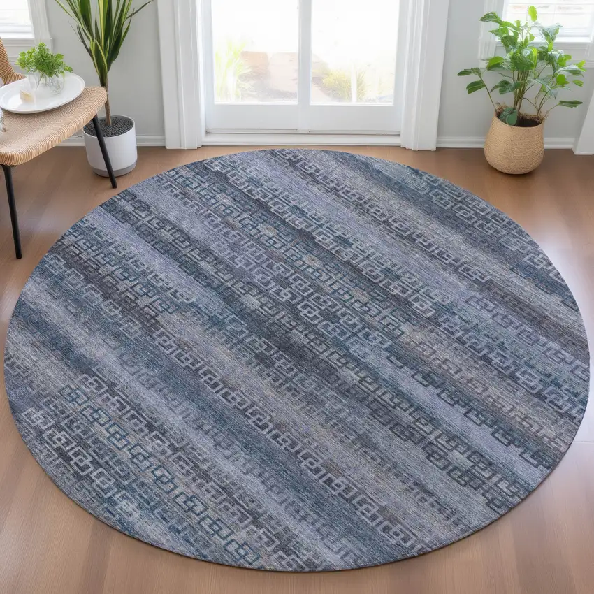 8' Taupe And Blue Round Striped Washable Indoor Outdoor Area Rug Photo 5