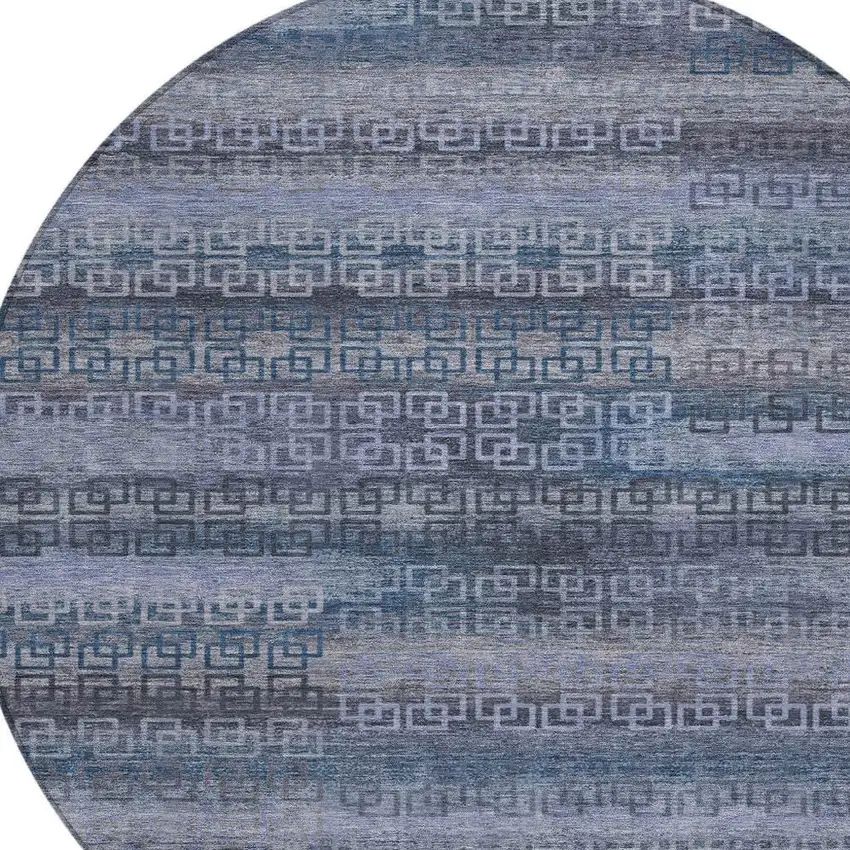 8' Taupe And Blue Round Striped Washable Indoor Outdoor Area Rug Photo 4