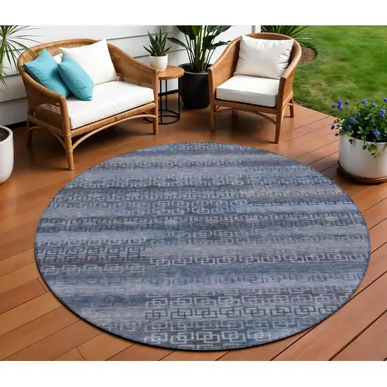 8' Taupe And Blue Round Striped Washable Indoor Outdoor Area Rug Photo 2