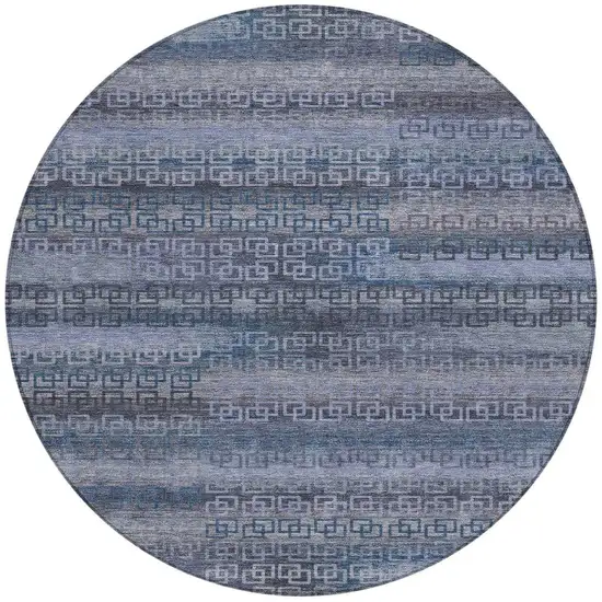 8' Taupe And Blue Round Striped Washable Indoor Outdoor Area Rug Photo 3