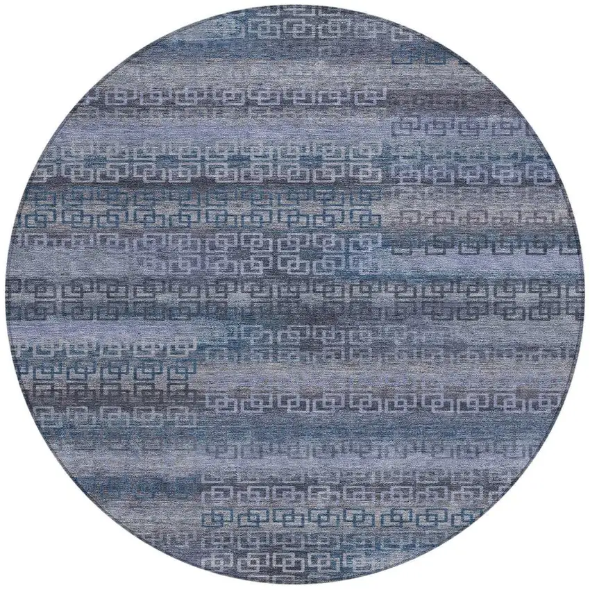 8' Taupe And Blue Round Striped Washable Indoor Outdoor Area Rug Photo 3