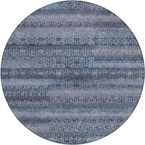Photo of 8' Taupe And Blue Round Striped Washable Indoor Outdoor Area Rug