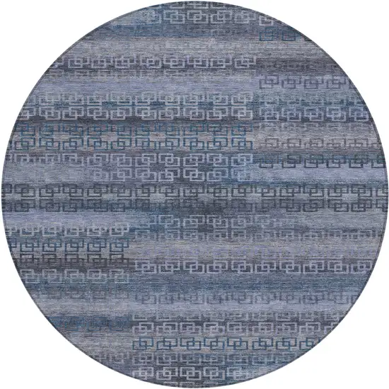8' Taupe And Blue Round Striped Washable Indoor Outdoor Area Rug Photo 1