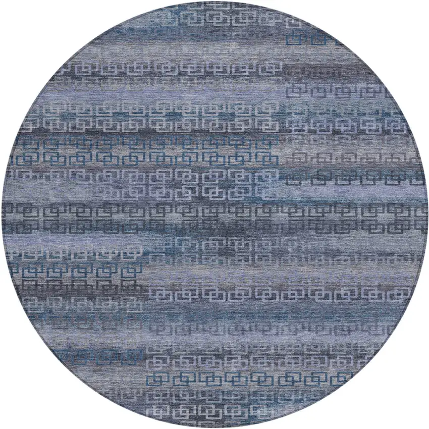 8' Taupe And Blue Round Striped Washable Indoor Outdoor Area Rug Photo 1