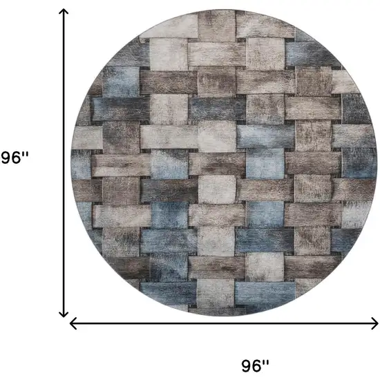 8' Taupe And Blue Striped Washable Round Rug With UV Protection Photo 9