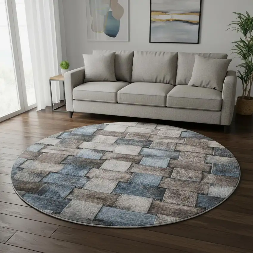 8' Taupe And Blue Striped Washable Round Rug With UV Protection Photo 2