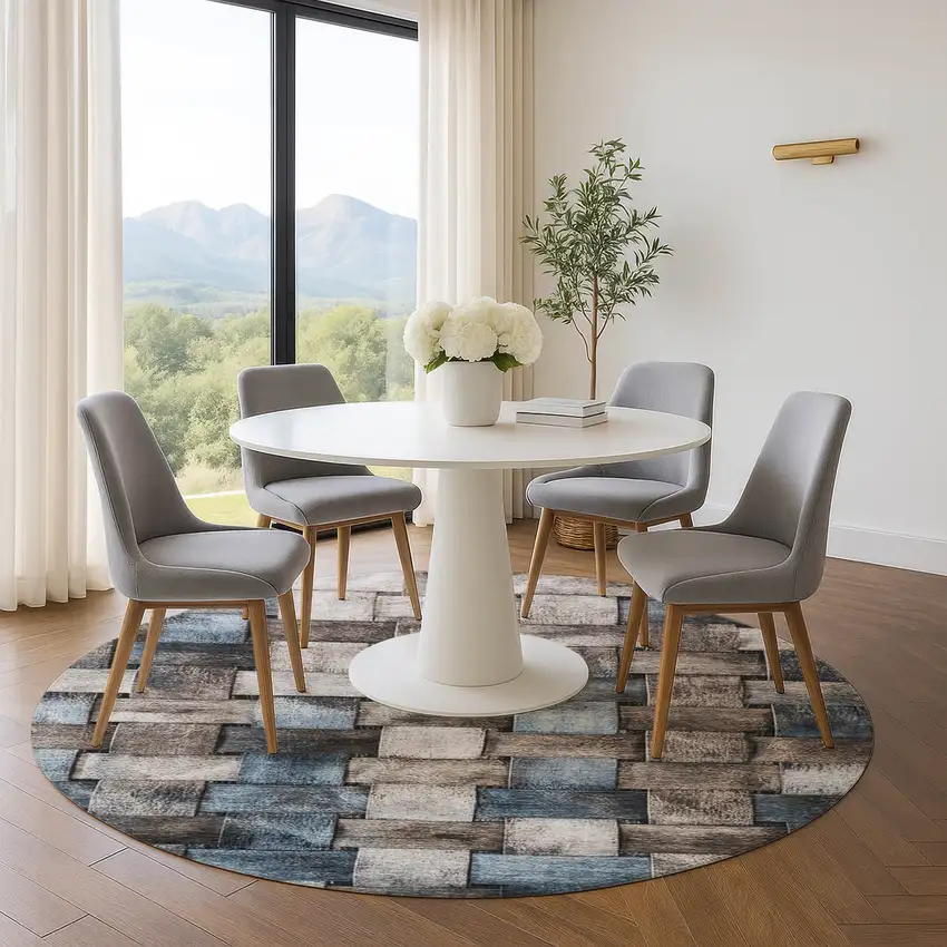 8' Taupe And Blue Striped Washable Round Rug With UV Protection Photo 5