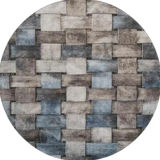 8' Taupe And Blue Striped Washable Round Rug With UV Protection Photo 4