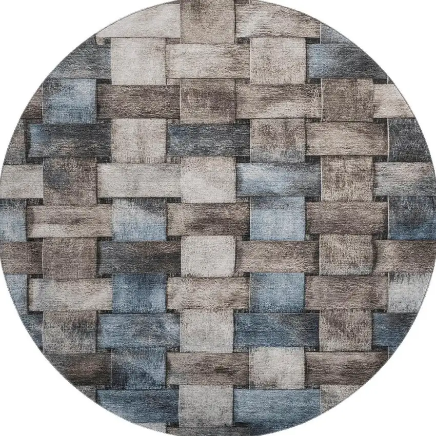 8' Taupe And Blue Striped Washable Round Rug With UV Protection Photo 4