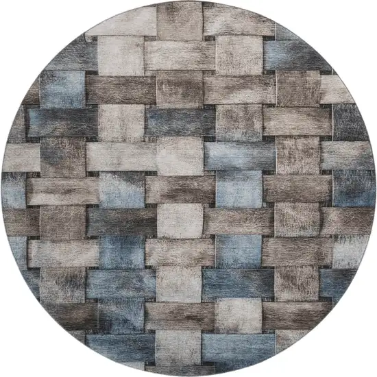 8' Taupe And Blue Striped Washable Round Rug With UV Protection Photo 1