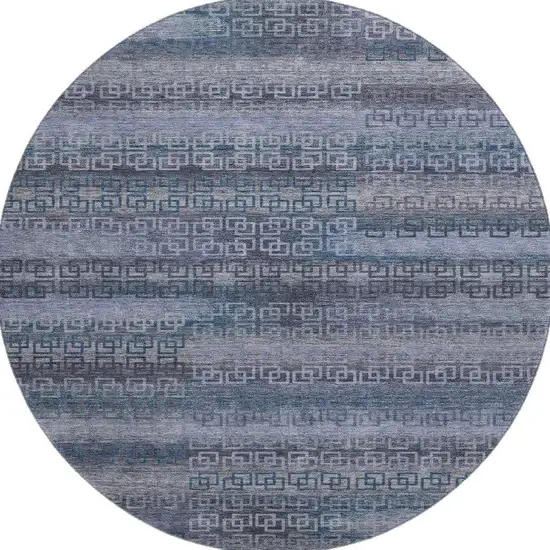 8' Taupe And Blue Striped Washable Round Rug With UV Protection Photo 3
