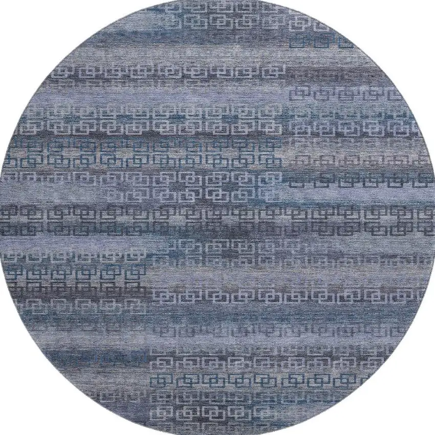 8' Taupe And Blue Striped Washable Round Rug With UV Protection Photo 3