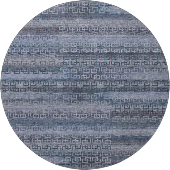 8' Taupe And Blue Striped Washable Round Rug With UV Protection Photo 4